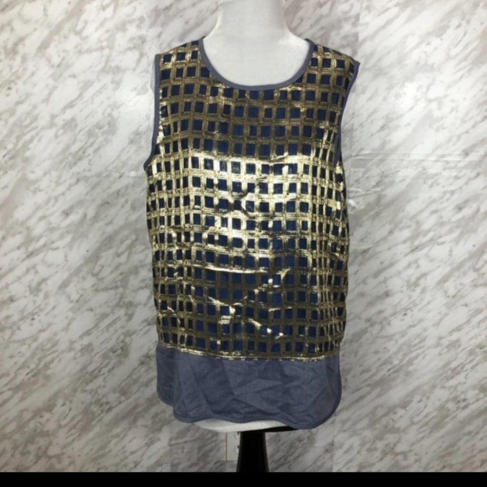 MaxMara Plaid Sleeveless Top - Size 10 - Plaid, Gold, blue - Picture 2 of 8
